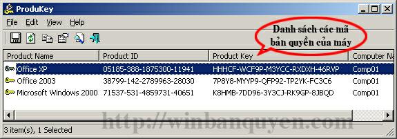 Cửa sổ công cụ NirSoft ProduKey hiển thị mã bản quyền Windows và Office