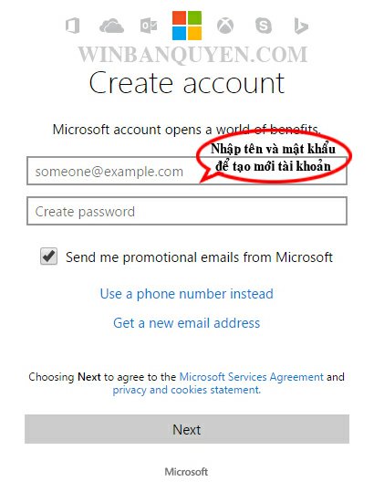 Nhập User và Password để tạo mới tài khoản Microsoft