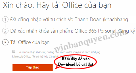 Bấm nút "Tiếp theo" để vào mục Tải về bộ cài đặt của Office