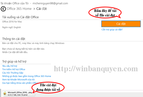 Bấm nút "Cài đặt" sẽ bắt đầu tải về bộ cài Office cho Mac