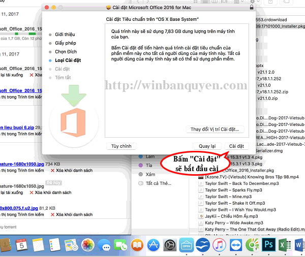 Bấm nút "Cài đặt" để quá trình cài đặt Office cho máy Mac được thực hiện