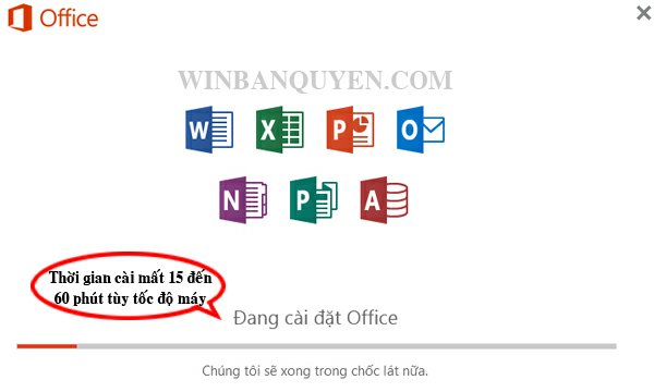 Quá trình cài đặt Office đang diễn ra, chờ 15-60 phút