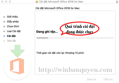 Quá trình cài đặt Office cho Mac đang diễn ra, chờ 15-60 phút