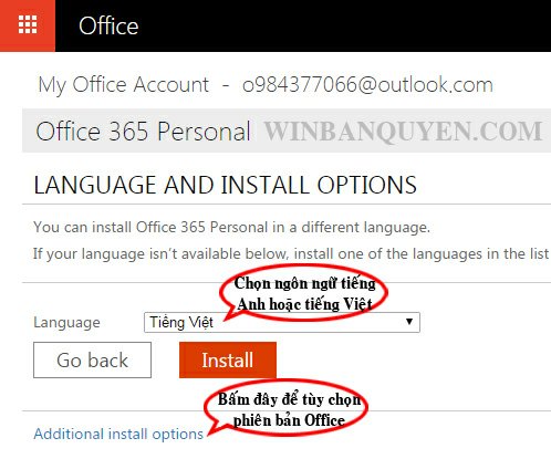 Bấm vào dòng "Additional install options" để tùy chọn phiên bản Office