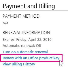 Bấm "Renew with an Office product key" để gia hạn Office 365