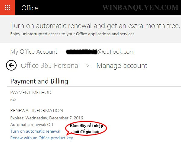 Bấm vào dòng chữ "Renew with an Office product key" để gia hạn Office