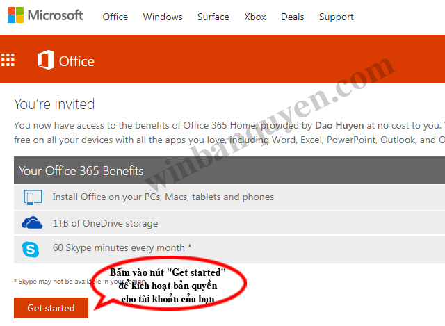 Hãy bấm nút "Get started" để bắt đầu kích hoạt bản quyền Office 365 cho tài khoản