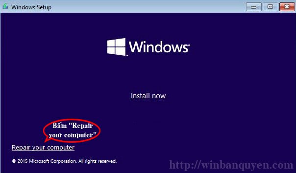 "Repair your computer" để vào chế độ sửa chữa Windows