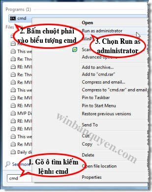 Chuột phải vào Cmd chọn "Run as administrator"