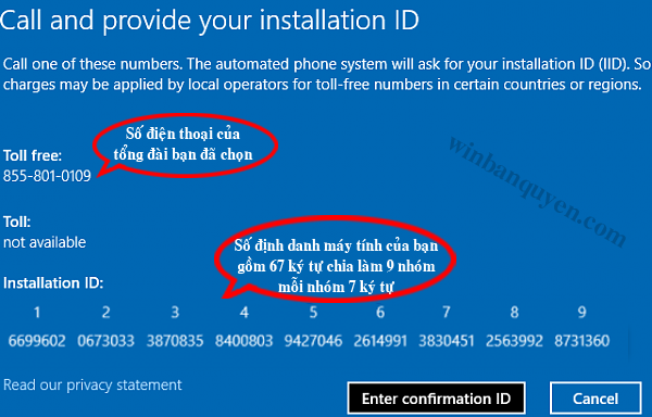 Cửa sổ hiển thị dãy số 63 số gọi là "installation ID"