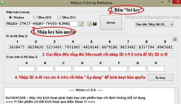 Giao diện công cụ MSAct giúp kích hoạt bản quyền Windows
