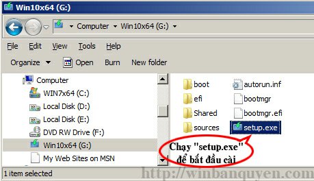 Chạy file setup.exe trên USB/DVD để tiến hành nâng cấp Windows 10