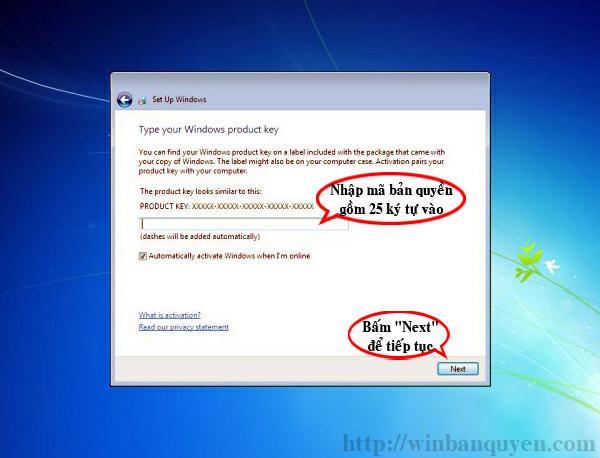 Nhập mã kích hoạt bản quyền Windows 7