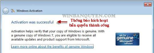 Thông báo kích hoạt bản quyền Windows đã thành công!