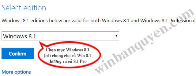 Chọn mục "Windows 8.1" để tải về bộ cài dùng chung cho 2 phiên bản Windows 8.1 thường và Windows Pro